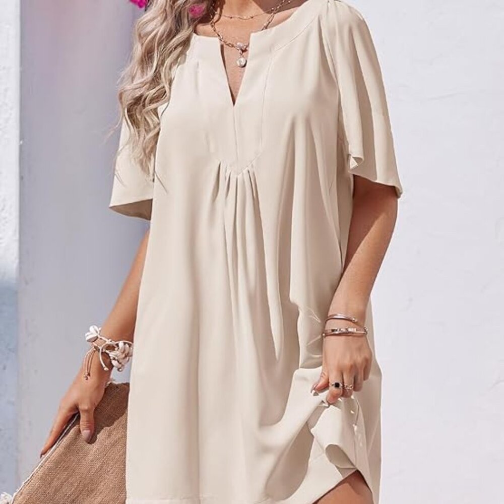 Tan Flutter Short Sleeve Flowy Swingy Midi Dress - image 1